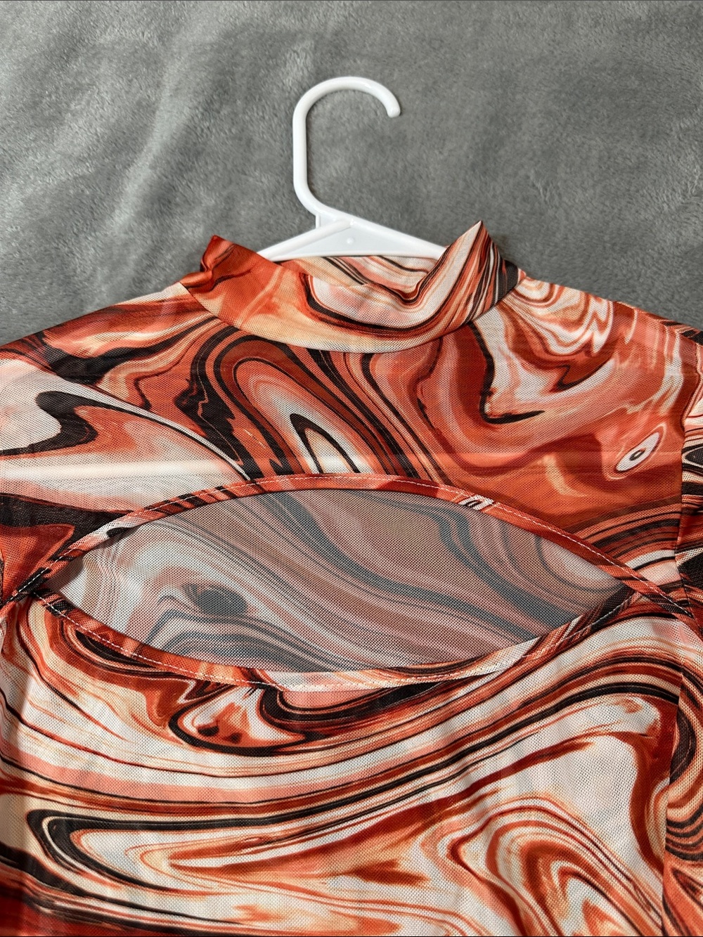 NWT SHEIN BAE Orange Swirl Cutout Long Sleeve MESH Bodysuit SZ S 🧡🤎 - Picture 3 of 10